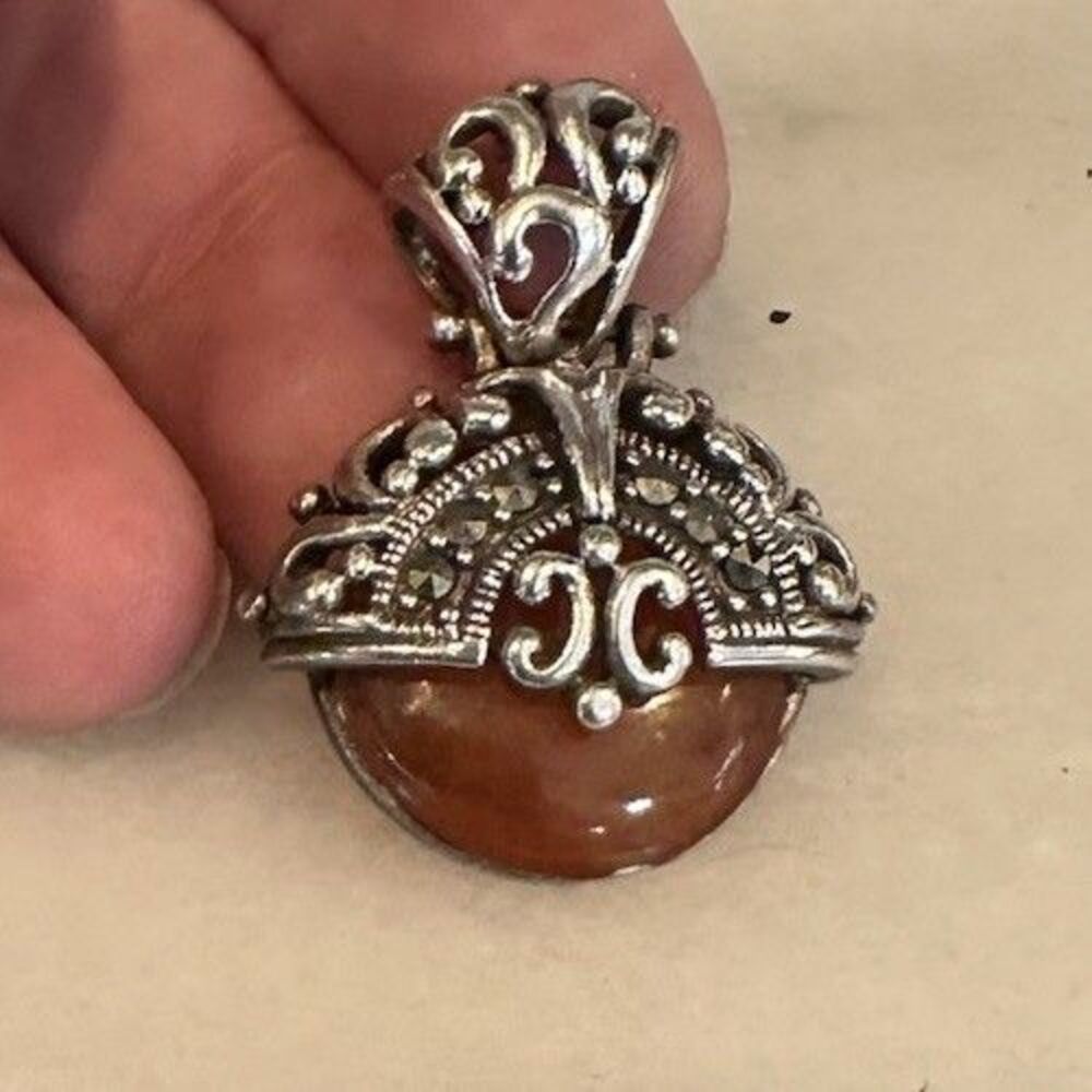 Vintage Artisan Ornate Filigree Carnelian Marcasite Sterling Silver Pendant